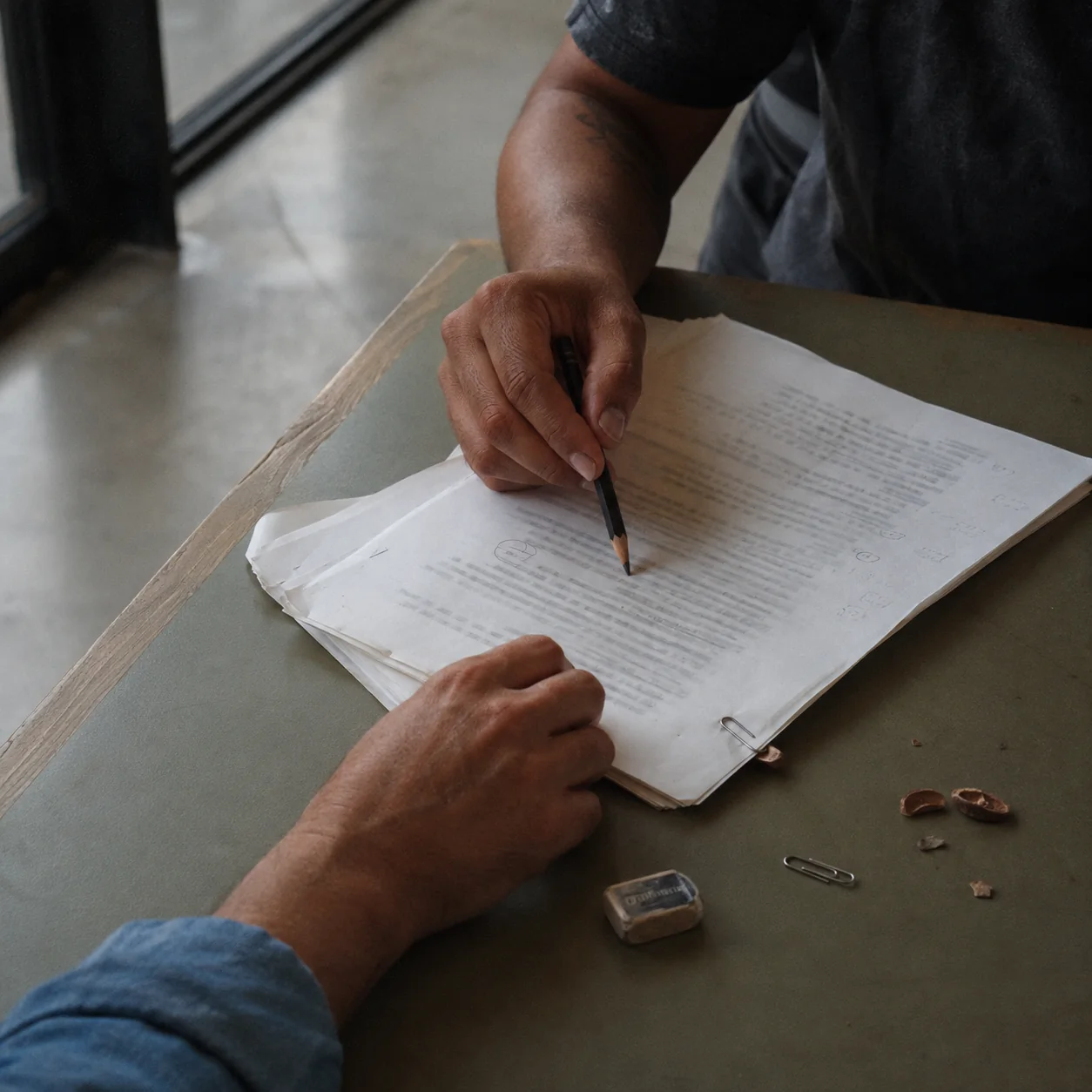 Hands making notes on a printed manuscript